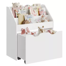   Bibliotecă pentru copii, organizator de jucării, cu 3 rafturi, cutie cu roți, alb, 30 x 63 x 70 cm