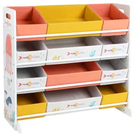   Organizator de jucării, raft de depozitare cu 12 cutii din textil, alb 83x38x78 cm