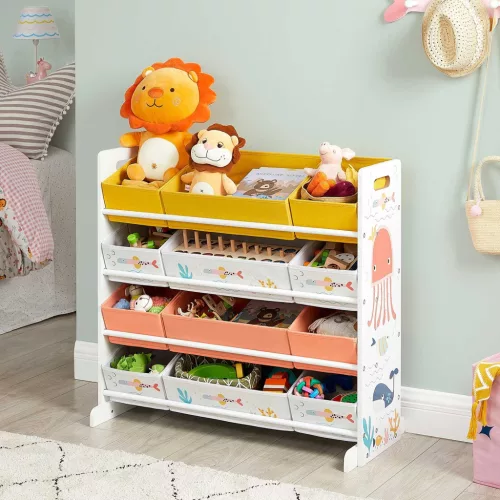 Organizator de jucării, raft de depozitare cu 12 cutii din textil, alb 83x38x78 cm