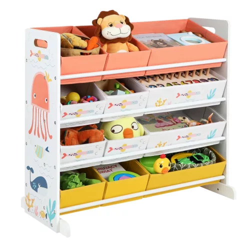 Organizator de jucării, raft de depozitare cu 12 cutii din textil, alb 83x38x78 cm