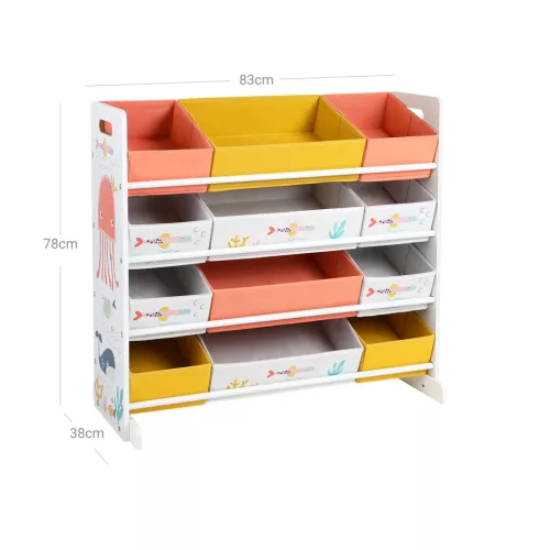 Organizator de jucării, raft de depozitare cu 12 cutii din textil, alb 83x38x78 cm