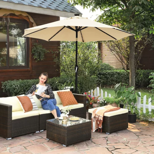 Umbrelă de soare, 3 m, cu lumini LED solare, rabatabilă, UPF 50+, bej