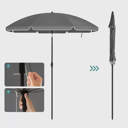 Umbrelă de soare, 1,6 m, UPF 50+, portabilă, înclinabilă, gri
