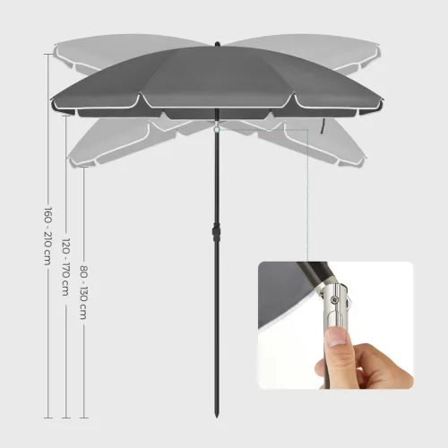 Umbrelă de soare, 1,6 m, UPF 50+, portabilă, înclinabilă, gri