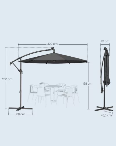 Umbrelă de terasă cu lumini solare LED, 3 metri, înclinabilă, gri