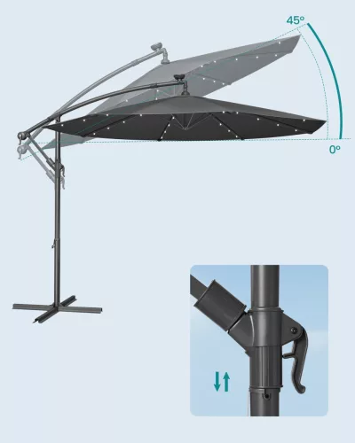 Umbrelă de terasă cu lumini solare LED, 3 metri, înclinabilă, gri