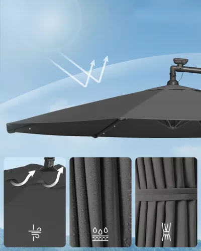 Umbrelă de terasă cu lumini solare LED, 3 metri, înclinabilă, gri