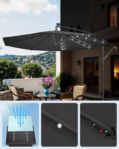 Umbrelă de terasă cu lumini solare LED, 3 metri, înclinabilă, gri