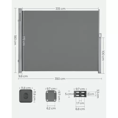 Copertină laterală pentru terasă, paravan de intimitate, gri, 180 x 350 cm