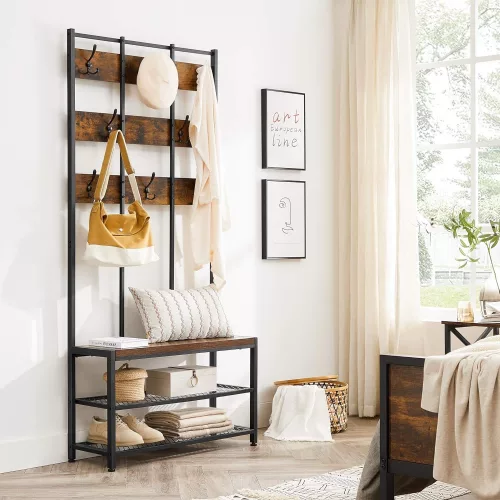 vasagle-mobilier-hol-cu-rafturi-umerase-suport-pentru-pantofi-si-scaun-maro-rustic