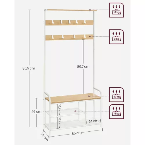 vasagle-mobilier-hol-cu-rafturi-umerase-suport-pentru-pantofi-si-scaun-stejar-si-alb-1