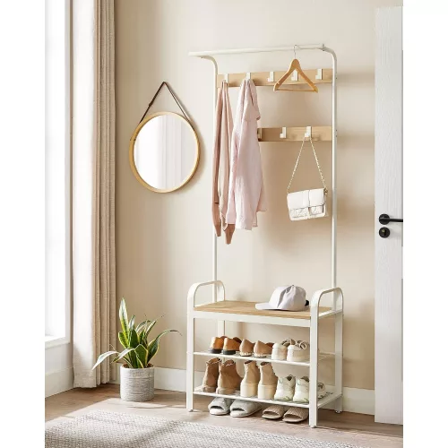 vasagle-mobilier-hol-cu-rafturi-umerase-suport-pentru-pantofi-si-scaun-stejar-183x72x33cm