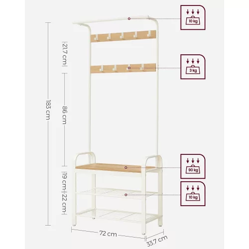 vasagle-mobilier-hol-cu-rafturi-umerase-suport-pentru-pantofi-si-scaun-stejar-183x72x33cm