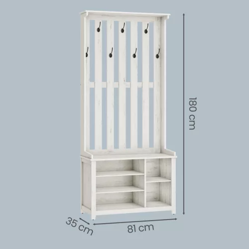 Mobilier hol cu suport pentru haine, suport pentru pantofi, umerașe, alb rustic