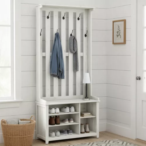 Mobilier hol cu suport pentru haine, suport pentru pantofi, umerașe, alb rustic
