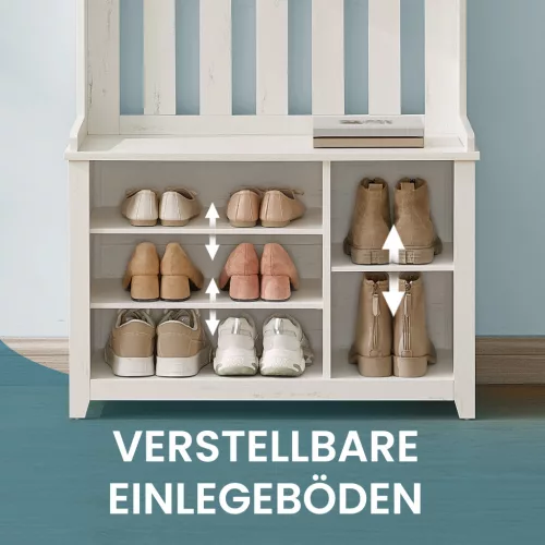 Mobilier hol cu suport pentru haine, suport pentru pantofi, umerașe, alb rustic