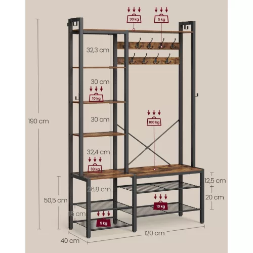 Hol cu ​​suport pentru haine, suport pentru pantofi, umerașe, maro vintage 140x120x190cm