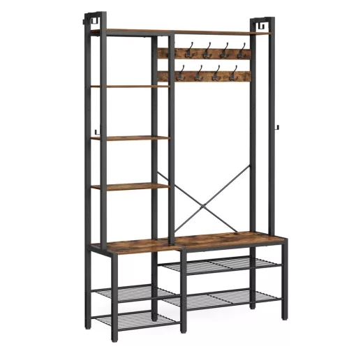 Hol cu ​​suport pentru haine, suport pentru pantofi, umerașe, maro vintage 140x120x190cm