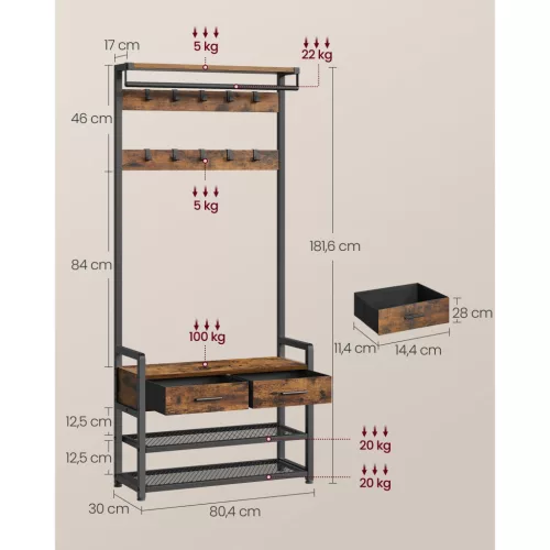 vasagle-mobilier-hol-cu-bancheta-si-depozitare-pantofi-2-sertare-textile-10-umerase-maro