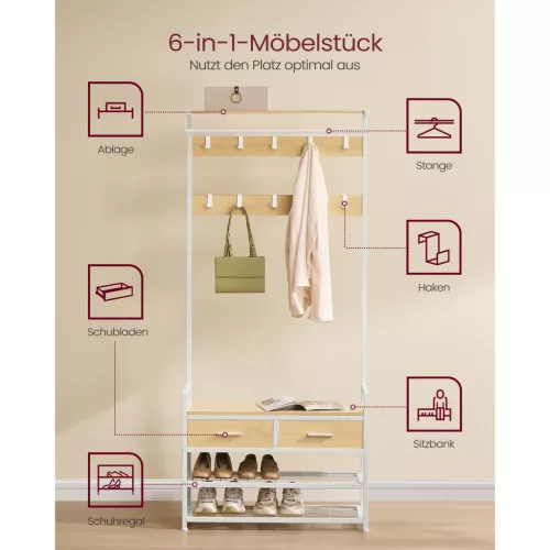 Mobilier hol, suport pentru pantofi, 10 umerașe și 2 sertare, stejar auriu 80,5 x 30 x