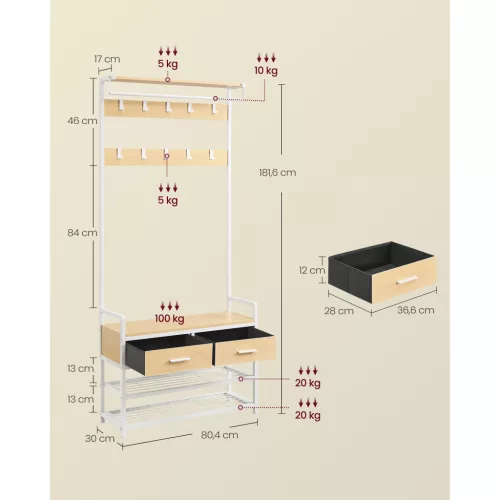 Mobilier hol, suport pentru pantofi, 10 umerașe și 2 sertare, stejar auriu 80,5 x 30 x