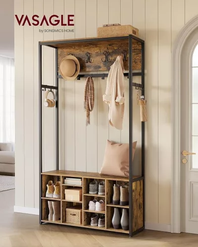 Mobilier hol cu suport pentru pantofi și banchetă, stil industrial, maro rustic și