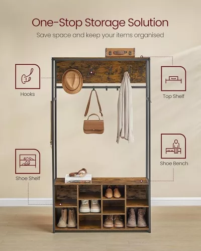 Mobilier hol cu suport pentru pantofi și banchetă, stil industrial, maro rustic și