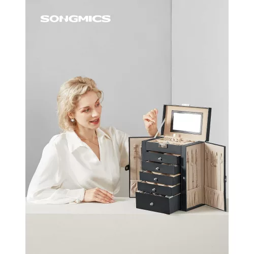 songmics-cutie-de-bijuterii-cu-5-sertare-si-oglinda-neagra-26x15x32cm