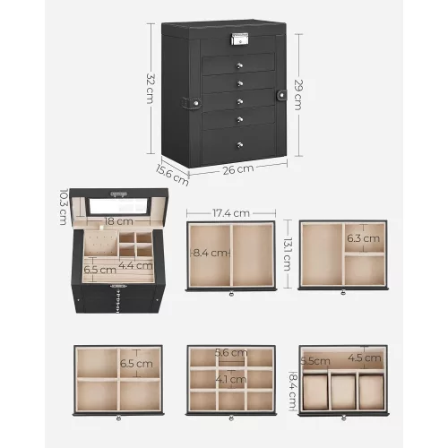 songmics-cutie-de-bijuterii-cu-5-sertare-si-oglinda-neagra-26x15x32cm