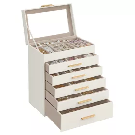   Cutie de bijuterii cu capac de sticlă, 6 niveluri, 5 sertare, albă 25x16x29cm