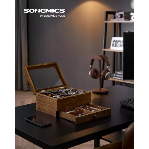 songmics-cutie-ceas-din-lemn-cu-8-compartimente-capac-din-sticla-maro-27x20x13cm