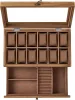 Cutie de depozitare pentru ceasuri din lemn cu 12 compartimente, capac de sticlă, maro 30x20x13cm