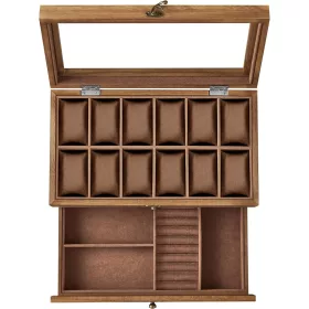   Cutie de depozitare pentru ceasuri din lemn cu 12 compartimente, capac de sticlă, maro 30x20x13cm