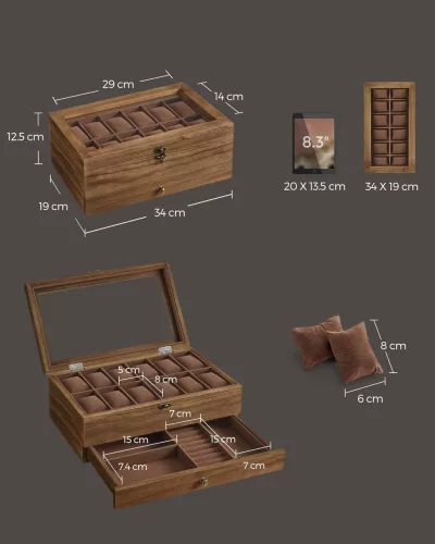 Cutie de depozitare pentru ceasuri din lemn cu 12 compartimente, capac de sticlă, maro 30x20x13cm