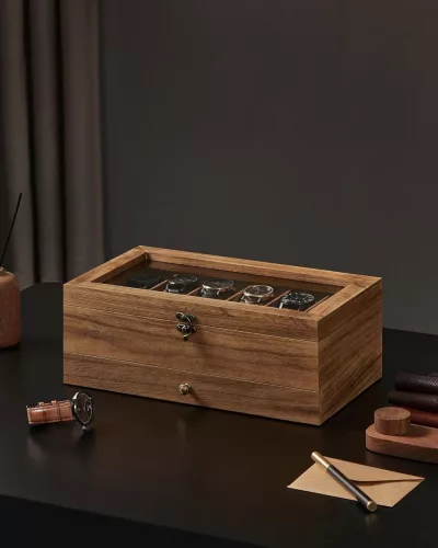Cutie de depozitare pentru ceasuri din lemn cu 12 compartimente, capac de sticlă, maro 30x20x13cm