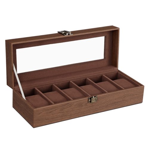 songmics-cutie-de-ceas-din-lemn-cu-6-compartimente-capac-din-sticla-maro-30x11x8cm