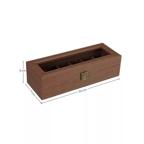 songmics-cutie-de-ceas-din-lemn-cu-6-compartimente-capac-din-sticla-maro-30x11x8cm