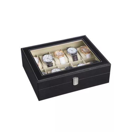 songmics-cutie-de-ceas-din-lemn-cu-10-compartimente-capac-din-sticla-invelis-negru