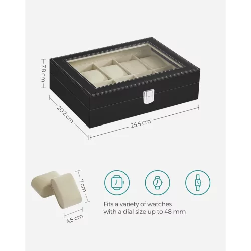songmics-cutie-de-ceas-din-lemn-cu-10-compartimente-capac-din-sticla-invelis-negru