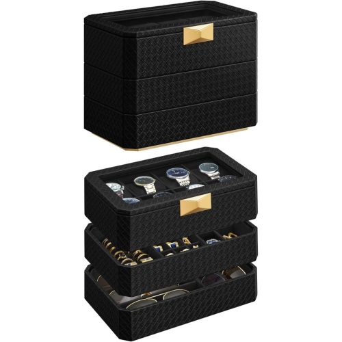 songmics-cutie-de-ceas-pentru-8-ceasuri-3-niveluri-piele-in-relief-finisaj-negru-cerneala