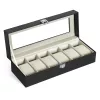 Cutie pentru ceasuri, cu 6 compartimente, cu capac de sticlă, piele ecologică, negru, 30 x 11 x 8 cm
