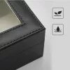 Cutie pentru ceasuri, cu 6 compartimente, cu capac de sticlă, piele ecologică, negru, 30 x 11 x 8 cm