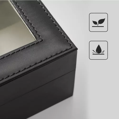 Cutie pentru ceasuri, cu 6 compartimente, cu capac de sticlă, piele ecologică, negru, 30 x 11 x 8 cm