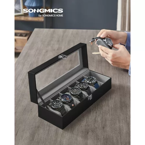 songmics-cutie-de-ceas-din-piele-artificiala-cu-6-compartimente-capac-din-sticla-negru