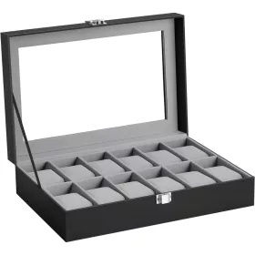 songmics-carcasa-din-piele-ecologica-cu-12-compartimente-capac-din-sticla-negru-30x20x8cm