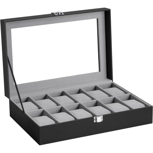 songmics-carcasa-din-piele-ecologica-cu-12-compartimente-capac-din-sticla-negru-30x20x8cm