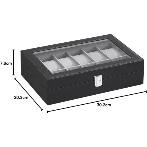 songmics-carcasa-din-piele-ecologica-cu-12-compartimente-capac-din-sticla-negru-30x20x8cm