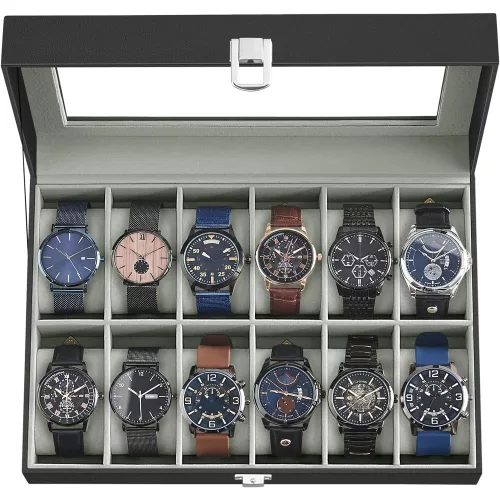 songmics-carcasa-din-piele-ecologica-cu-12-compartimente-capac-din-sticla-negru-30x20x8cm