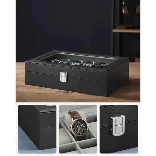 songmics-carcasa-din-piele-ecologica-cu-12-compartimente-capac-din-sticla-negru-30x20x8cm