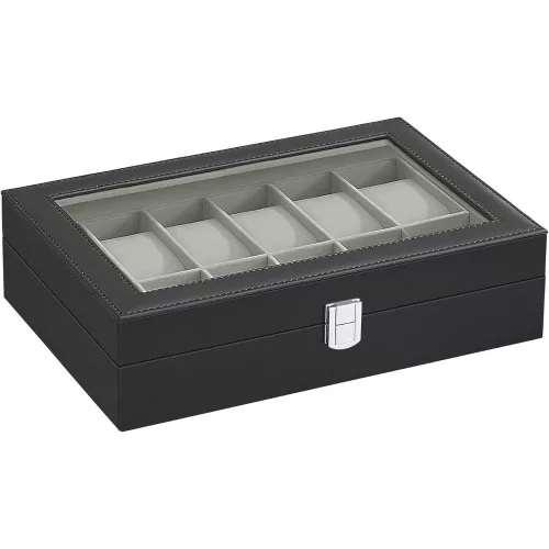 songmics-carcasa-din-piele-ecologica-cu-12-compartimente-capac-din-sticla-negru-30x20x8cm